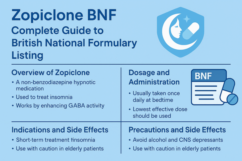 Zopiclone BNF guide showing its role in insomnia treatment, recommended dosage, indications, and safety precautions