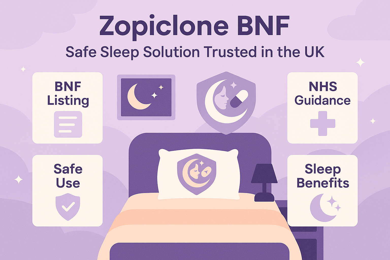 Creative sleep and wellness scene showing Zopiclone BNF with a calm bedroom design highlighting BNF listing, NHS guidance, safe use, and sleep benefits in the UK